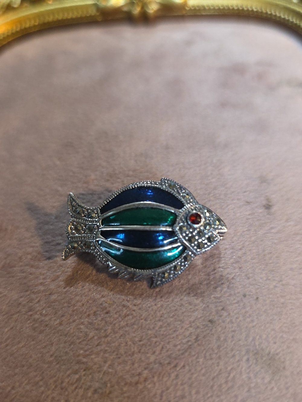Vintage Sterling Silver 925 Enamel & Marcasite Fish Brooch Pin Garnet Eye